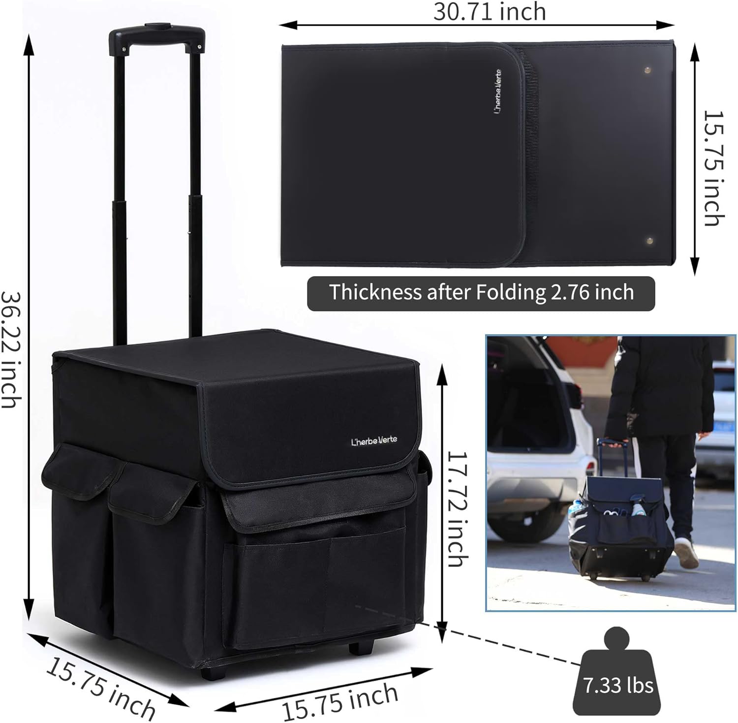 Collapsible Rolling Cart with Telescoping Handle and Organizer Bag O429