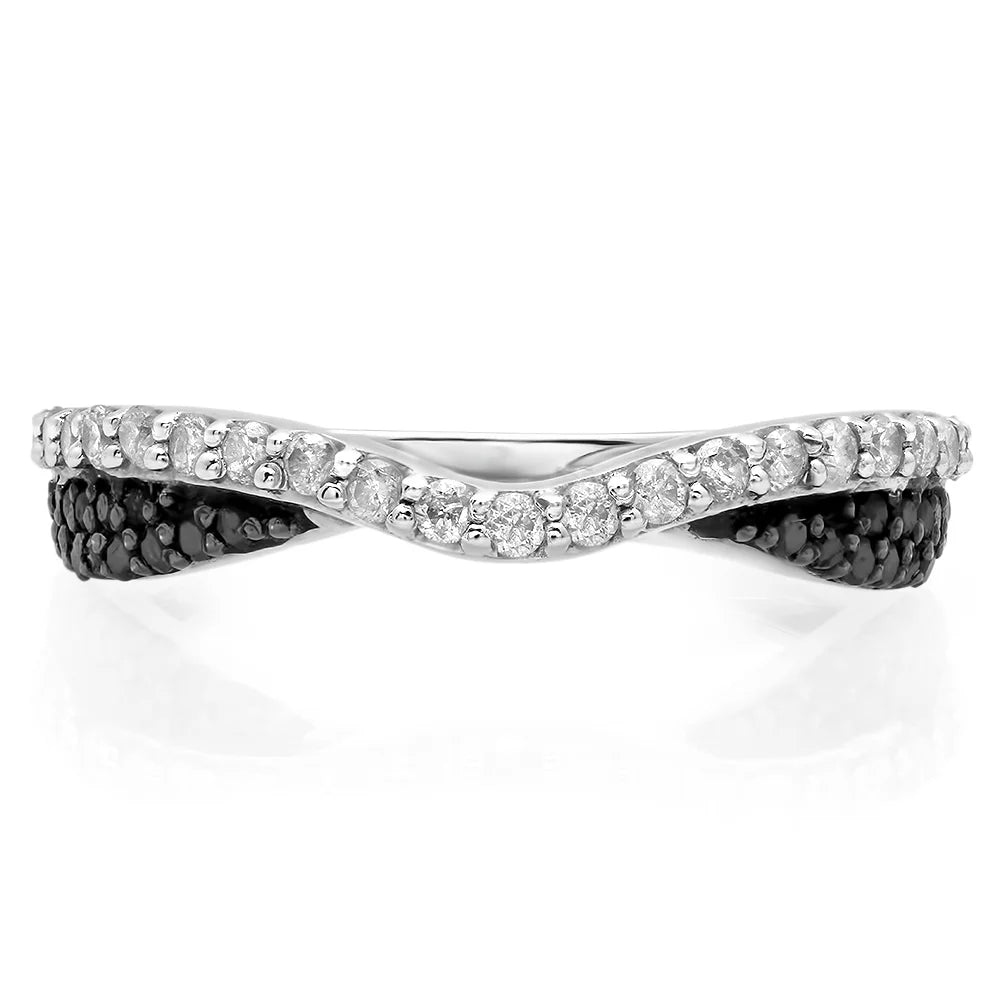 14K White Gold Black & White Diamond Ladies Wedding Band Ring Y7646