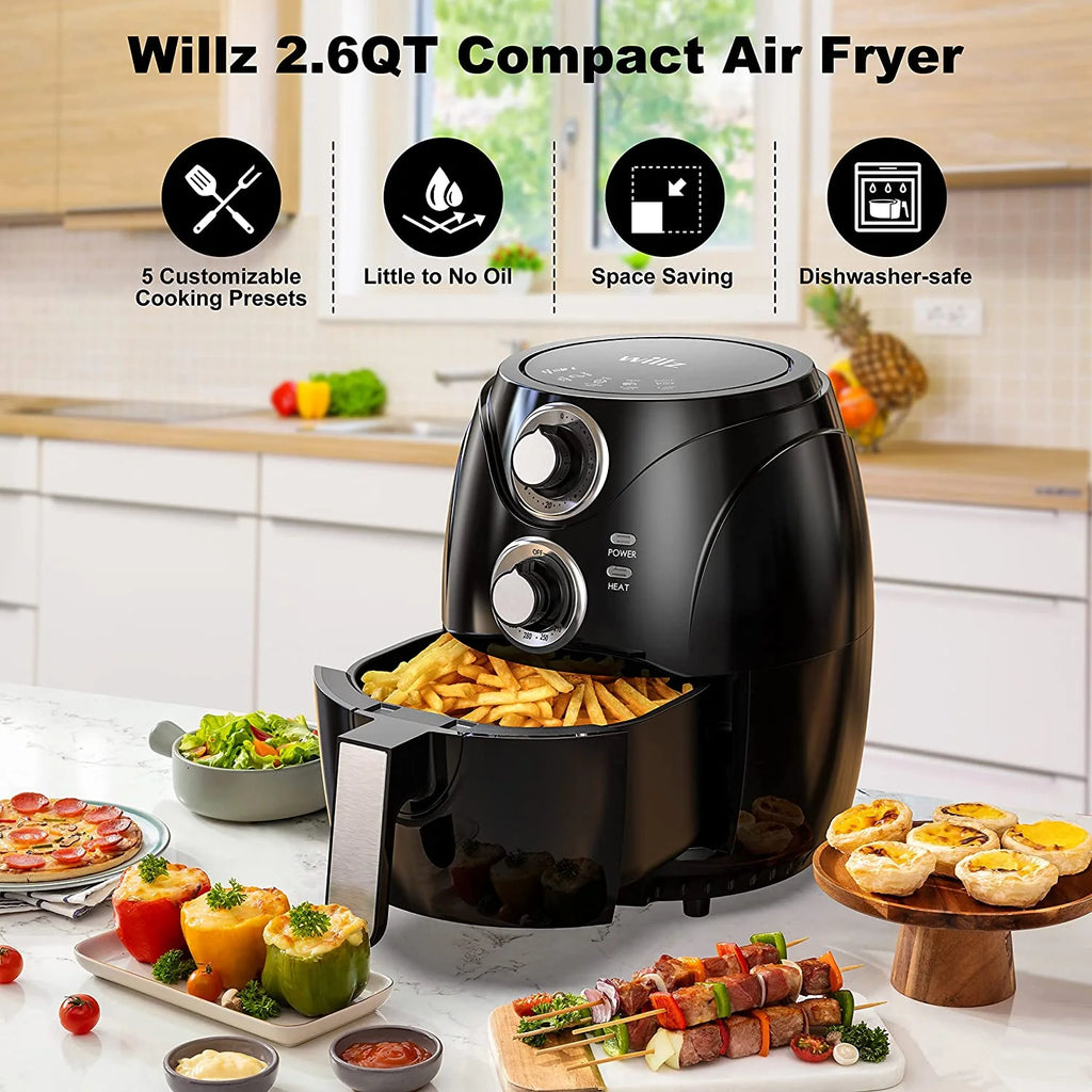 Compact Electric Air Fryer, Non-Stick Basket, 2.6 Quart, 1200W, Black J218