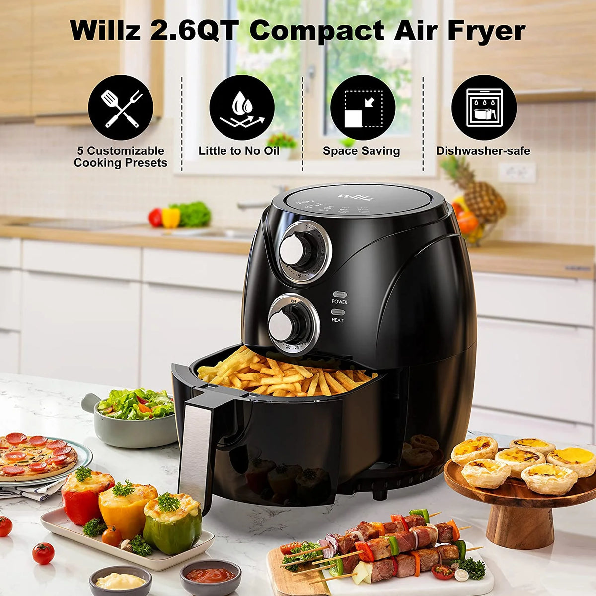 Compact Electric Air Fryer, Non-Stick Basket, 2.6 Quart, 1200W, Black J218