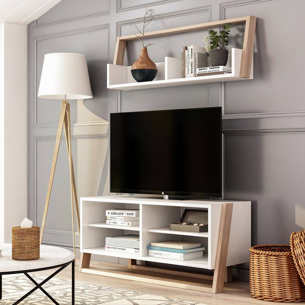 Beige 2-Piece TV Console with 6-Shelves Q20286