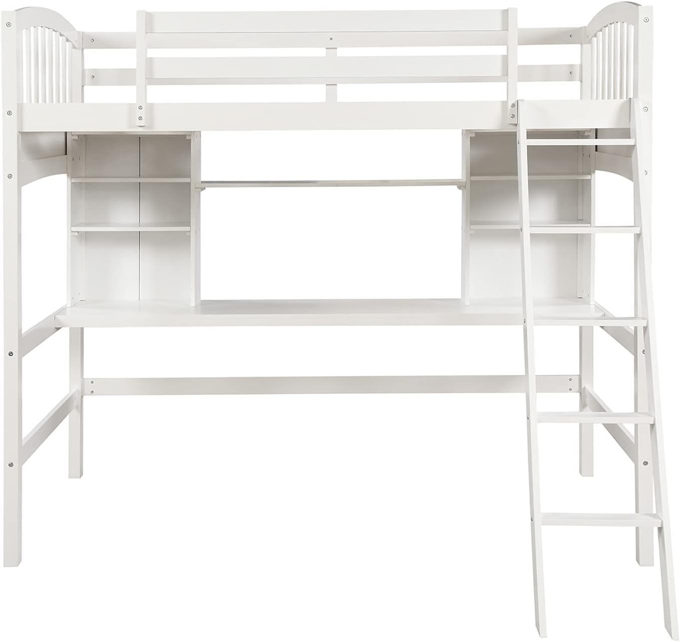 White Twin Wood Loft Bed with Desk and Bookcase Shelves H776928