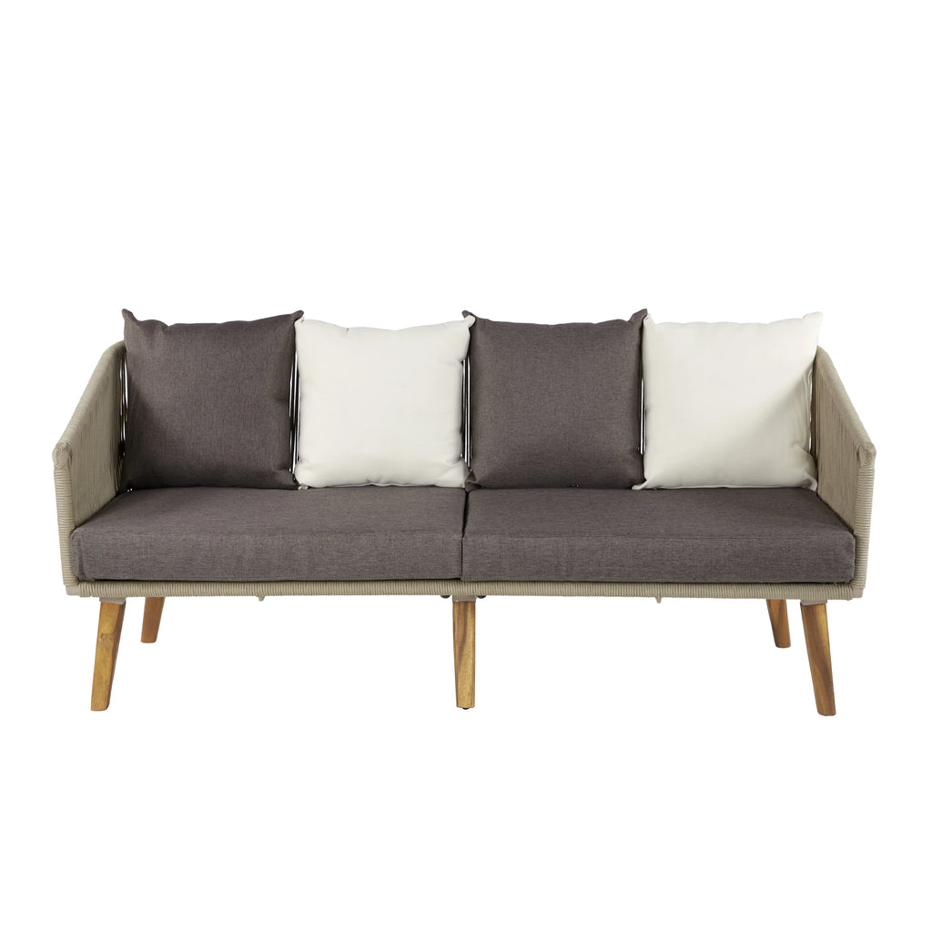 Gray Woven Rope Wood Outdoor Sofa with Polyester Cushions B466