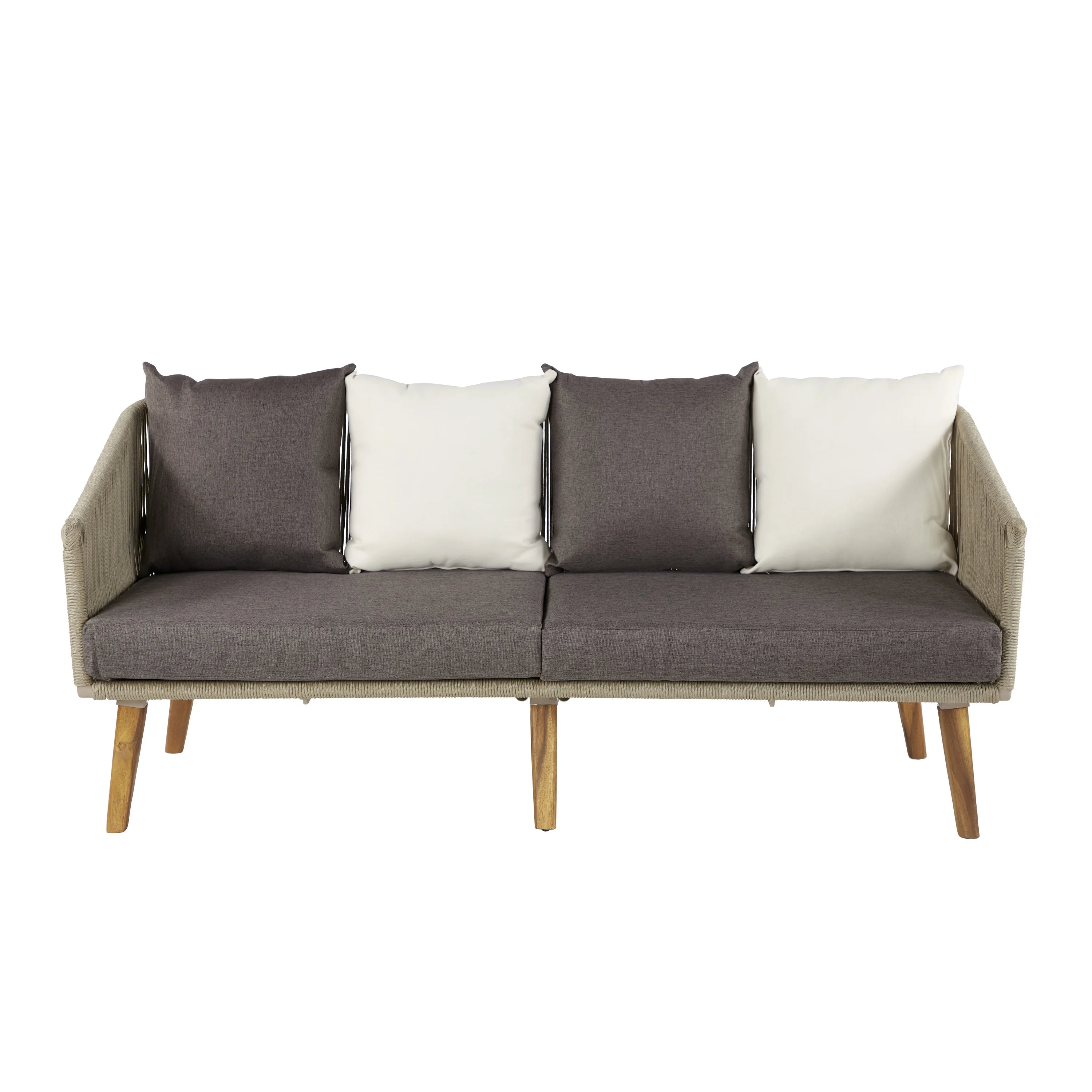 Gray Woven Rope Wood Outdoor Sofa with Polyester Cushions B466