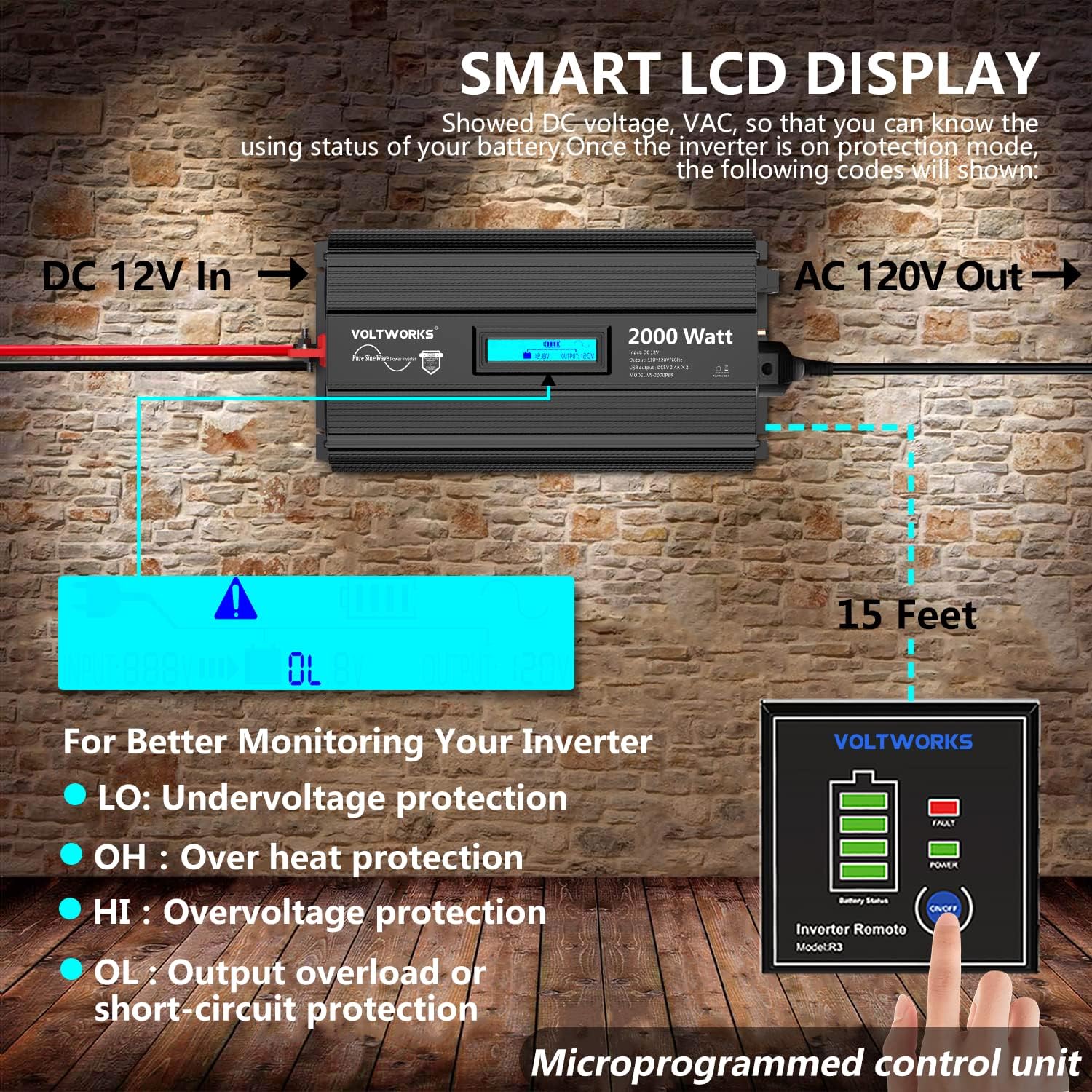 2000Watt DC 12V to 120V AC Car Power Inverter with 2 AC Outlets and LCD Display Q85144