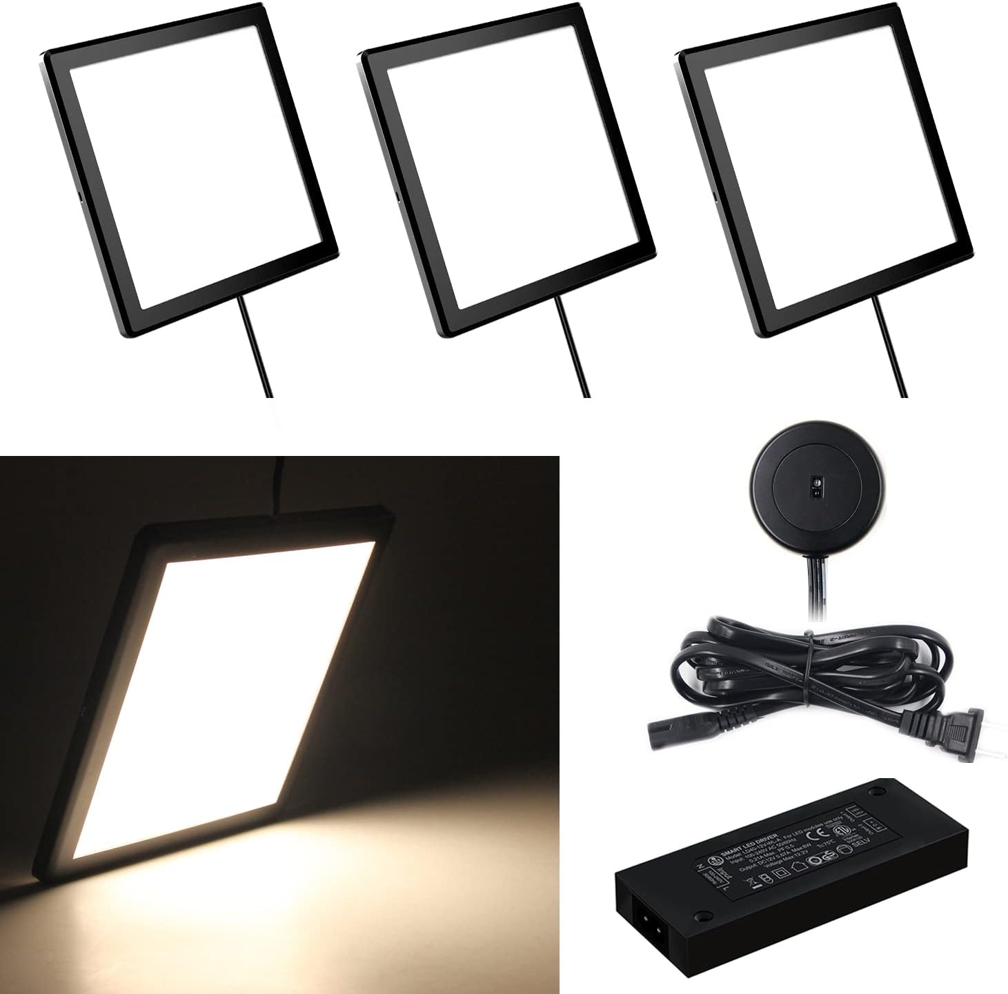 Under Cabinet Panel Lighting 3PCS 3.94inch 12V 2.5W with Wired Hand Wave Switch, Surface Mount Puck Light, Round Black, Pack of 2 Y482