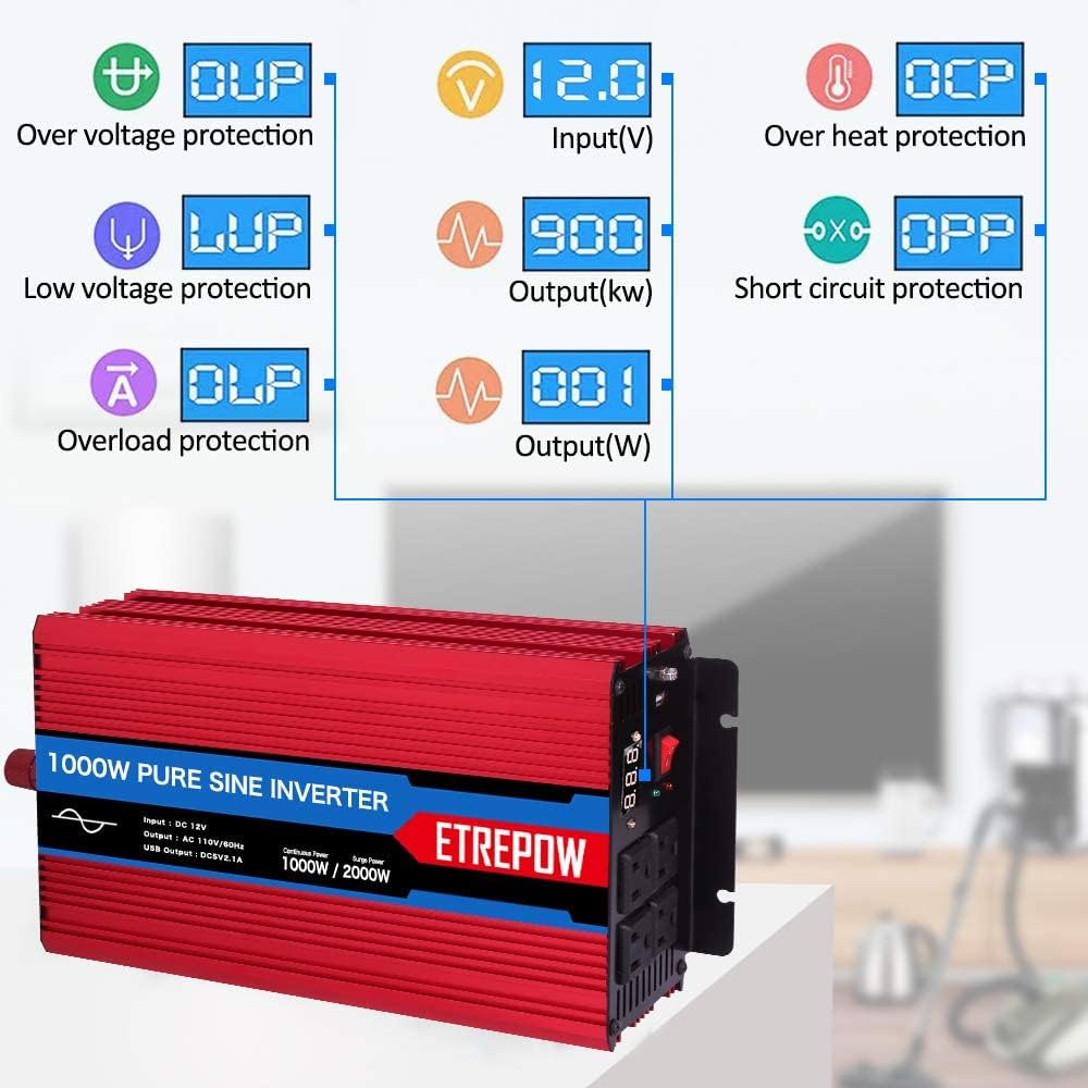 1000 Watt Pure Sine Wave Power Inverter 12V DC to 110V AC B703085