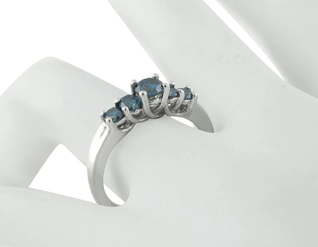 10K White Gold Treated Blue 5 Stone Diamond Engagement Ring 0.75ct-8 N94606