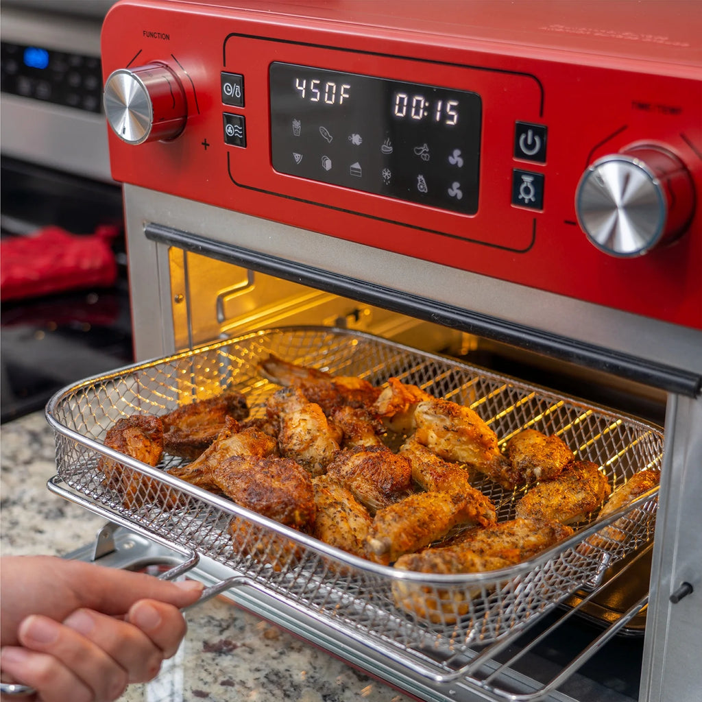 Red Stainless Steel Countertop Toaster Oven with Air Fryer and Rotisserie Assembly M5217