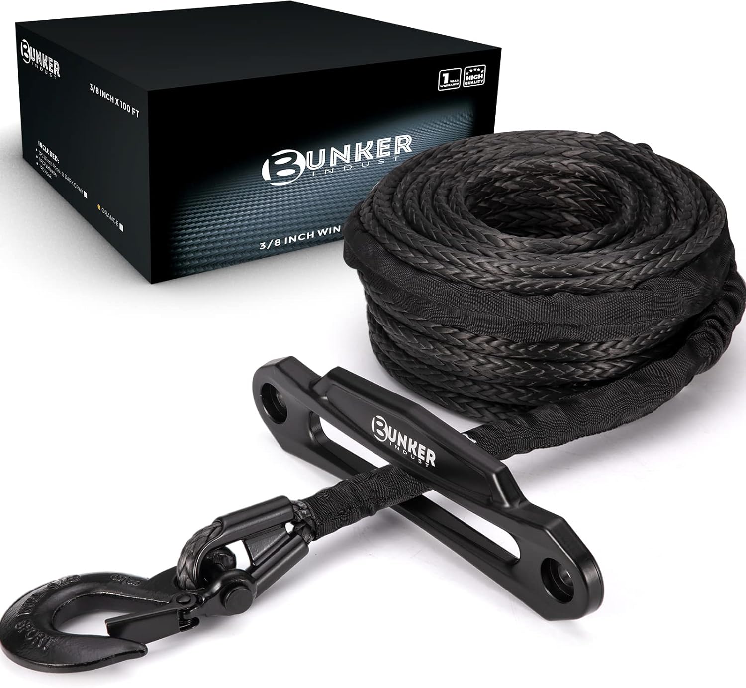 Synthetic Winch Rope Kit, 3/8 x 100', 23809LBS, with Protective Sleeve, Fairlead, Hook, Orange T161406