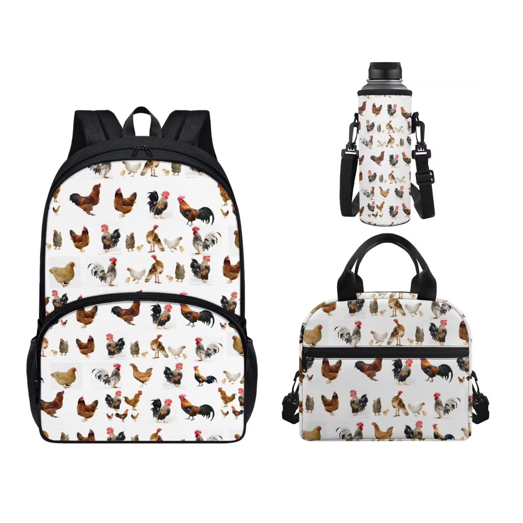 Cock Print Backpack 3-Piece Schoolbags Set with Front Zipper Pocket B908053