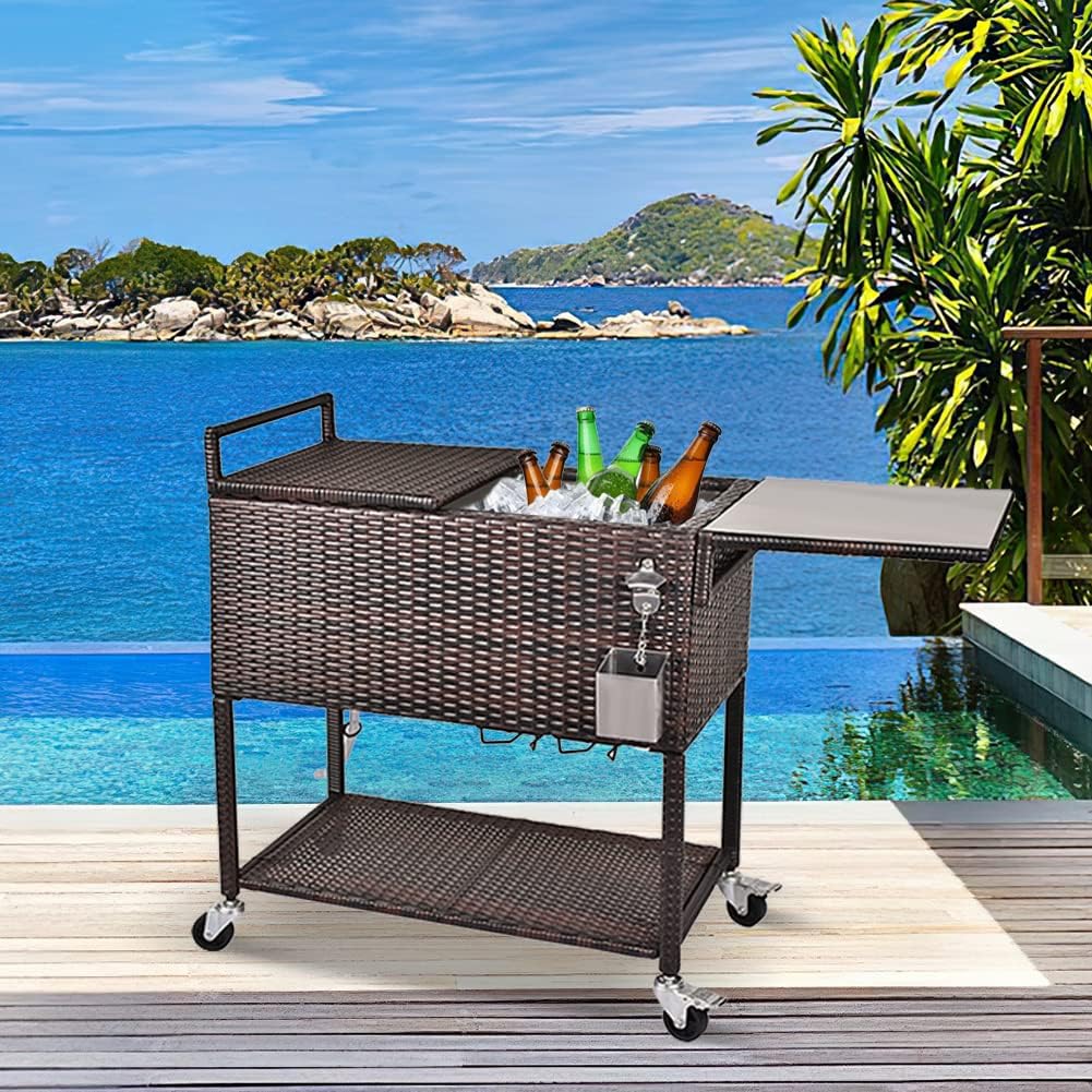 80 Quart Rattan Rolling Cooler Cart with Cutting Board Q815460