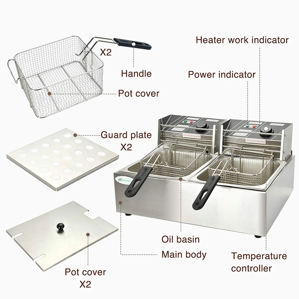 16Liter Double Tank Electric Deep Fryer with Removable Baskets Stainless Steel A77010