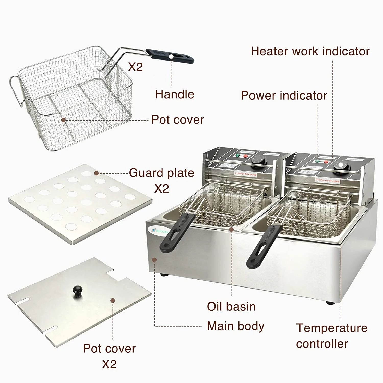 16Liter Double Tank Electric Deep Fryer with Removable Baskets Stainless Steel A77010