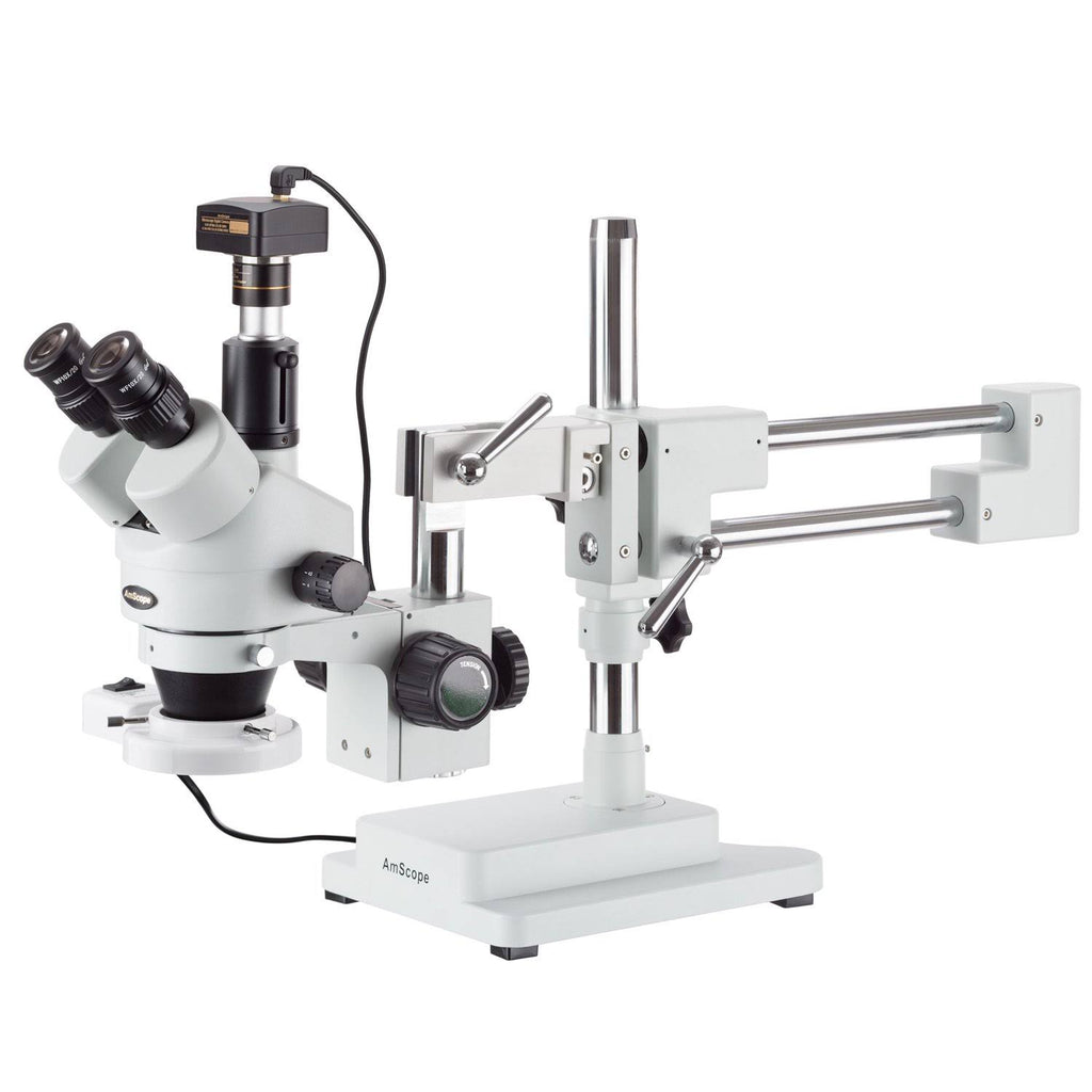 3.5X-45X Simul-Focal Stereo Boom Stand Microscope with Fluorescent Light and 3MP Camera I302