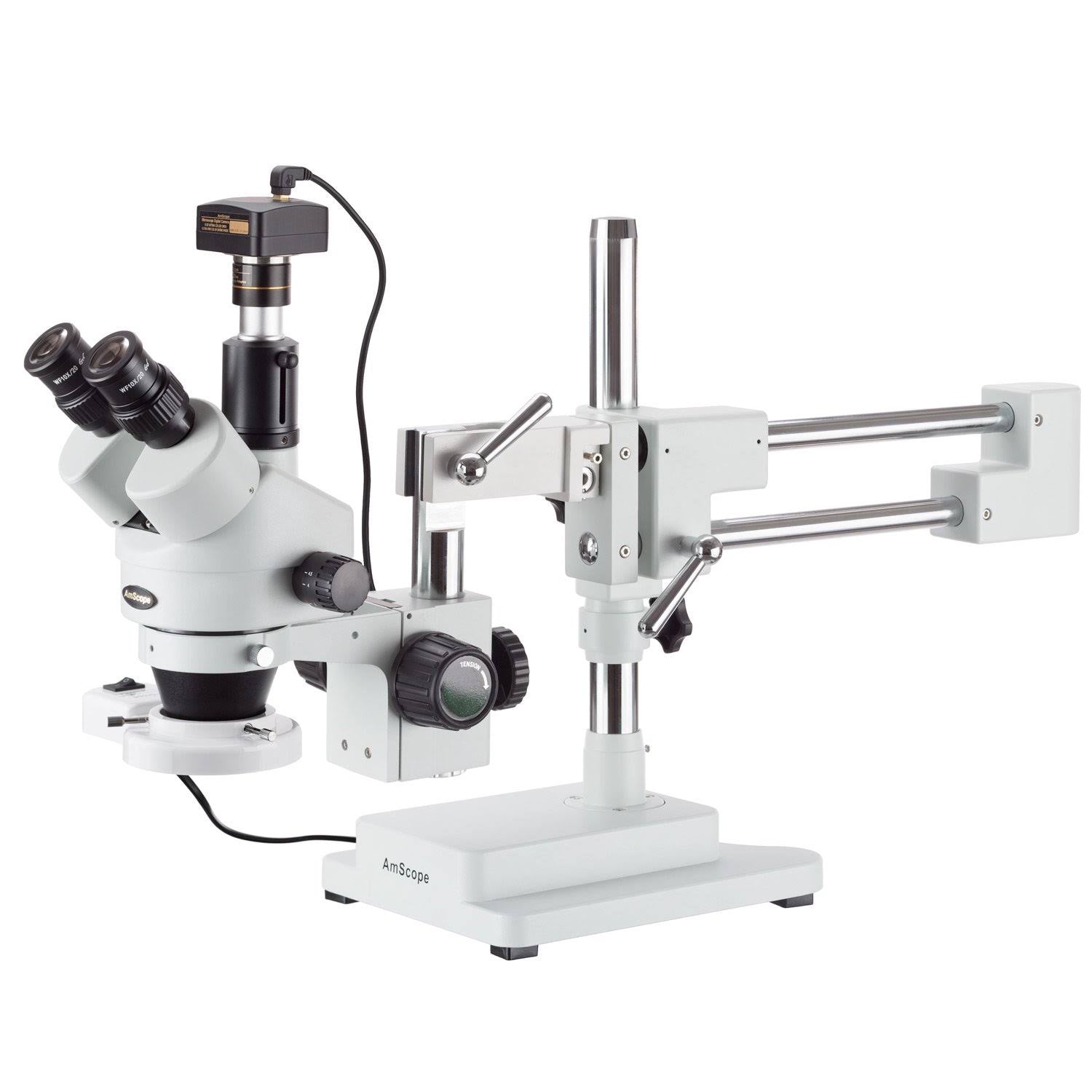 3.5X-45X Simul-Focal Stereo Boom Stand Microscope with Fluorescent Light and 3MP Camera I302