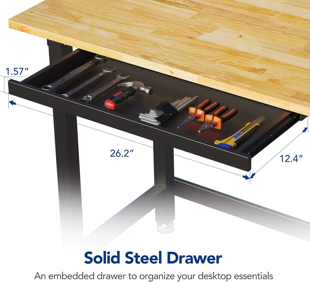 Work Bench with Drawer, 48 x 24 inch, Rubber Wood Top, Heavy-Duty Steel Frame B1777