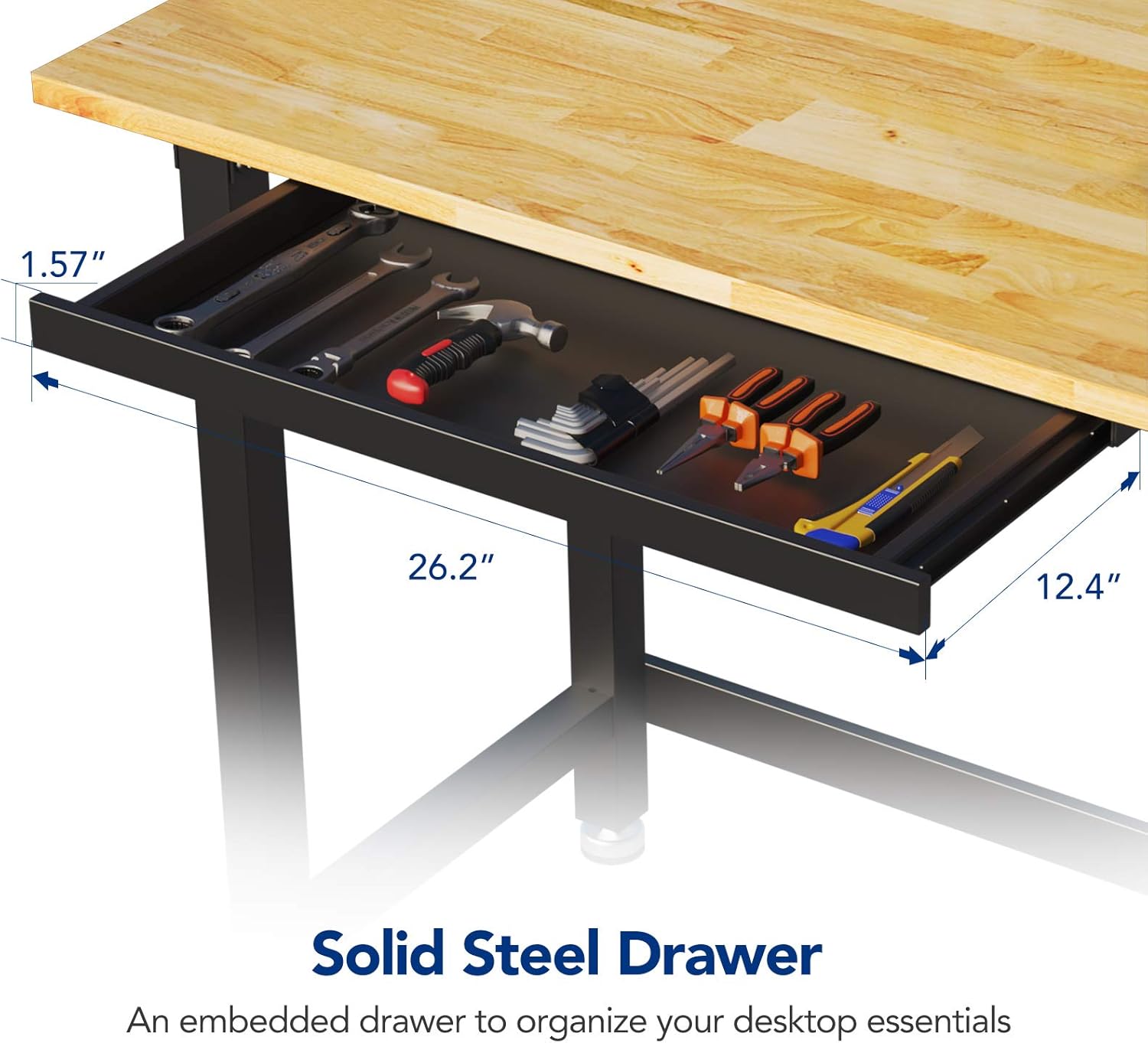 Work Bench with Drawer, 48 x 24 inch, Rubber Wood Top, Heavy-Duty Steel Frame B1777