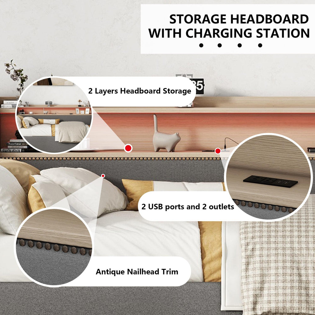 Twin Size Upholstered Sofa Bed Frame with Hydraulic Storage and LED Lights P387842