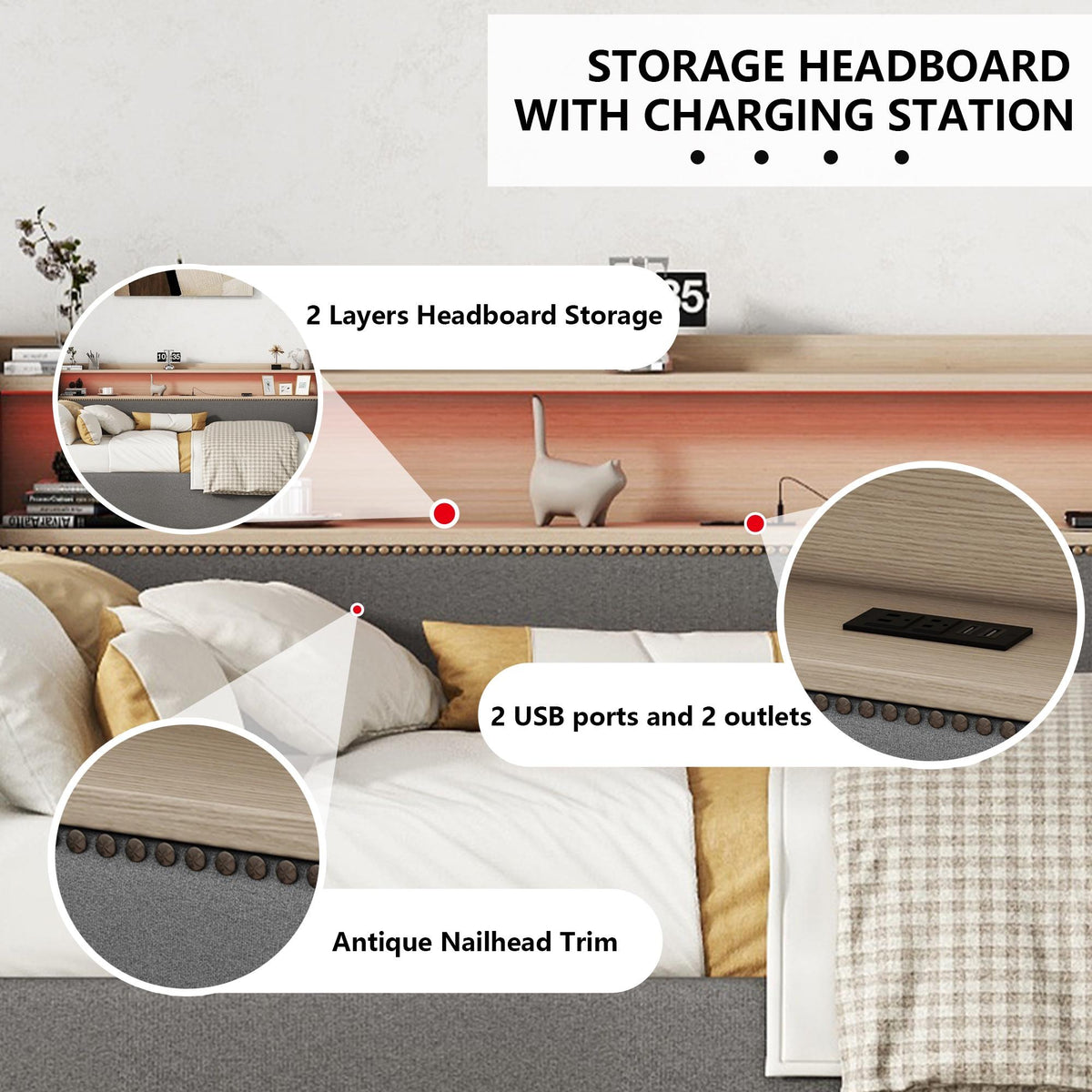 Twin Size Upholstered Sofa Bed Frame with Hydraulic Storage and LED Lights P387842