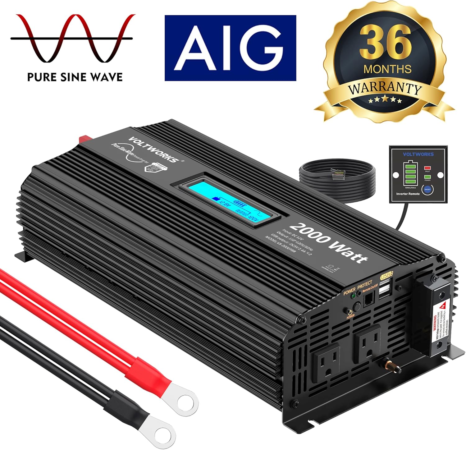 2000Watt DC 12V to 120V AC Car Power Inverter with 2 AC Outlets and LCD Display Q85144