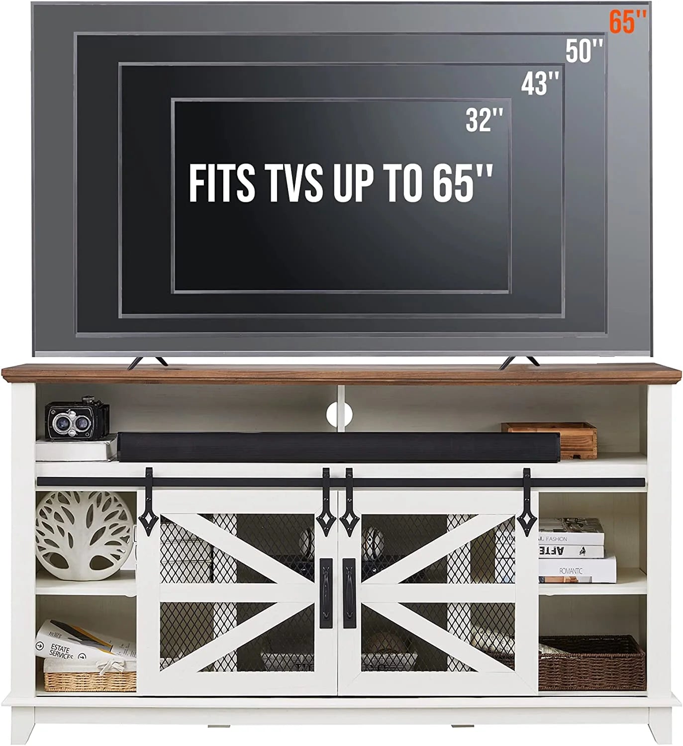 Antique White Wood TV Stand with Storage Shelves N524615