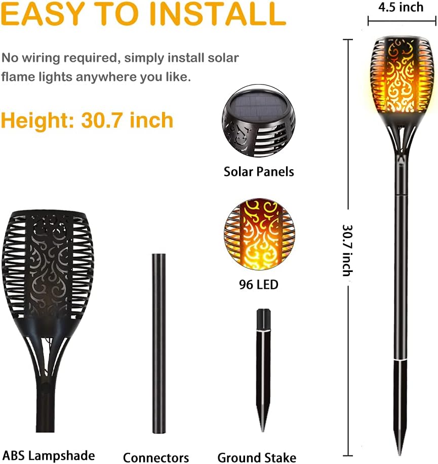 6 Pack Solar Outdoor Lights 96 LED Flickering Flames Waterproof I2061