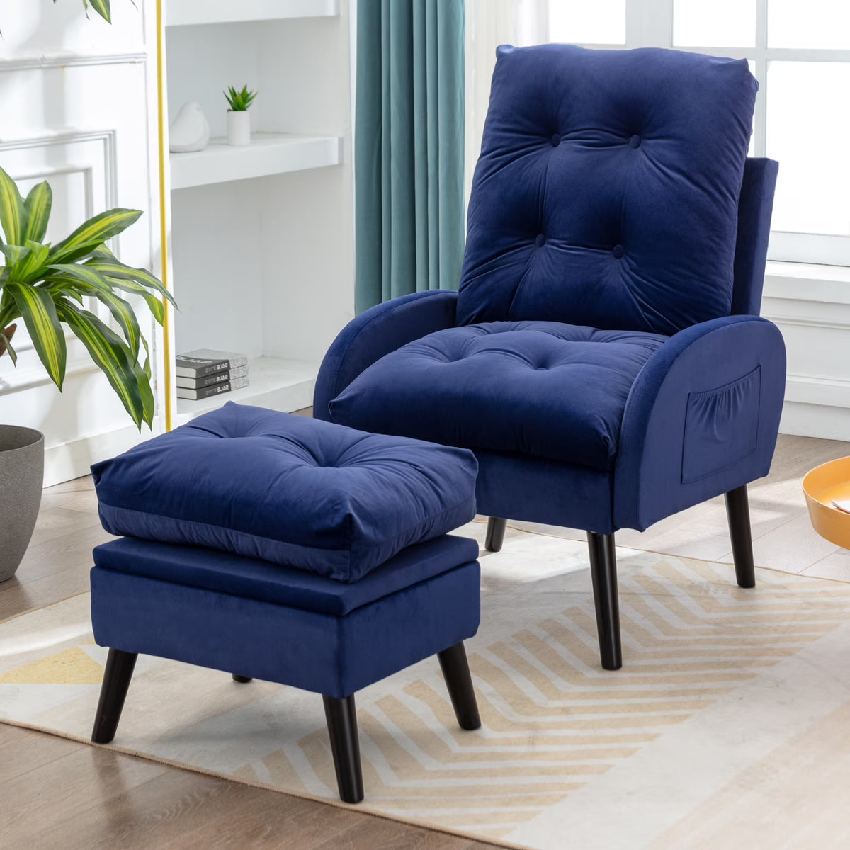 Blue Velvet Accent Recliner Chair with Ottoman with Storage Y8941