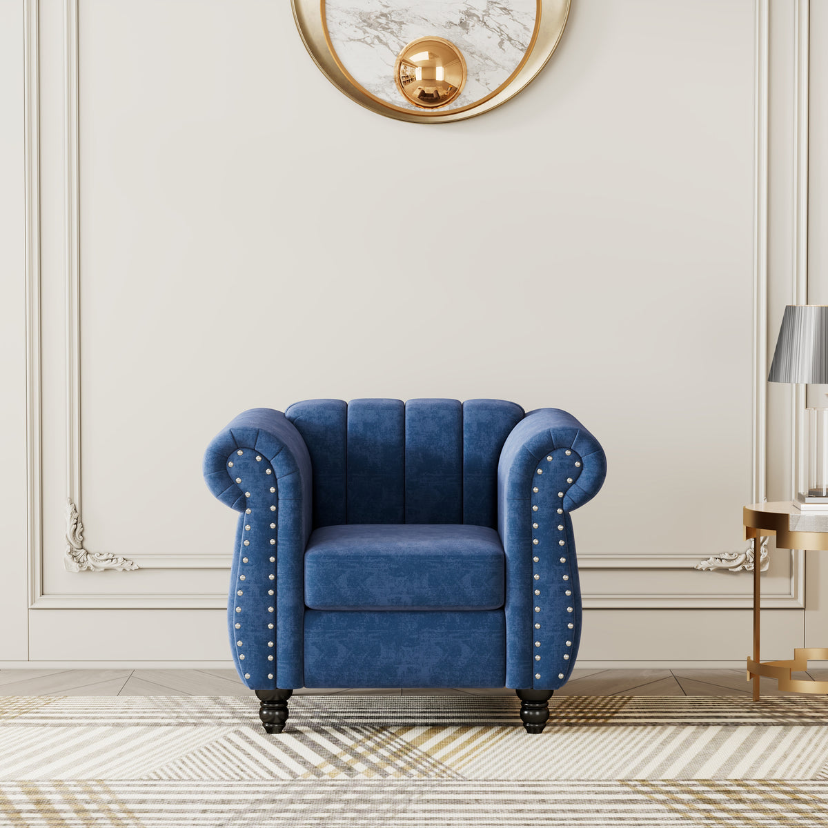 Blue Buttoned Tufted Sofa with Solid Wood Legs B59610