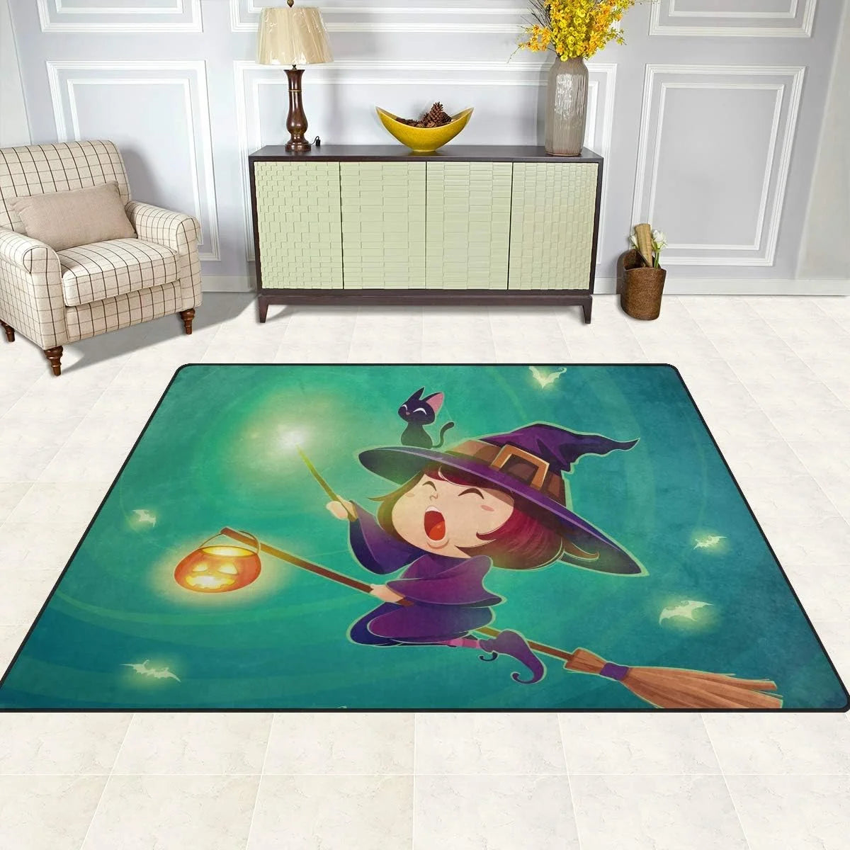 Halloween Flying Little Witch Green Lightweight Carpet Mats Area Soft Rugs Floor Mat Rug L849