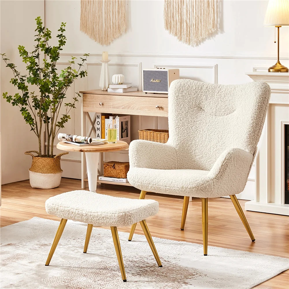 Ivory Boucle Accent Chair and Ottoman Set with Golden Metal Legs I17523