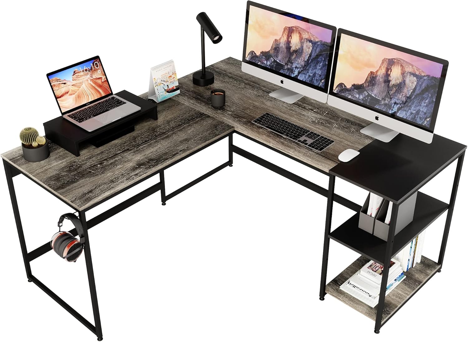 Grey Oak L Shaped Desk with Shelves T26493
