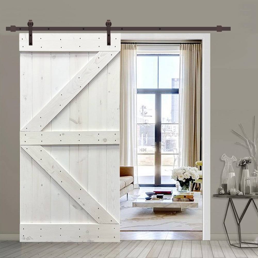 White Stained Wood Sliding Barn Door with Hardware Kit B27152