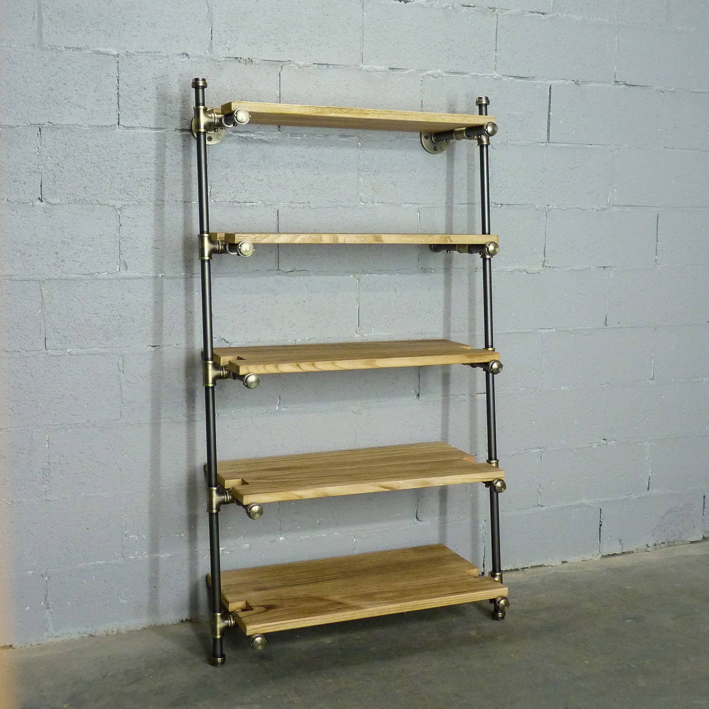 35-Inch Leaning Bookcase Brass Gray Metals with Natural Wood E5037