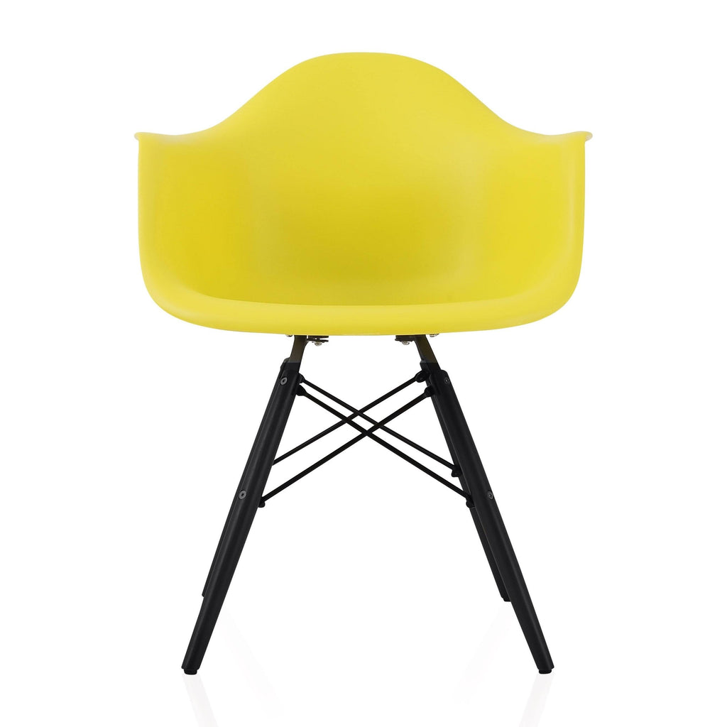 Light Yellow Molded Plastic Dining Arm Chair with Black Wood Legs V482