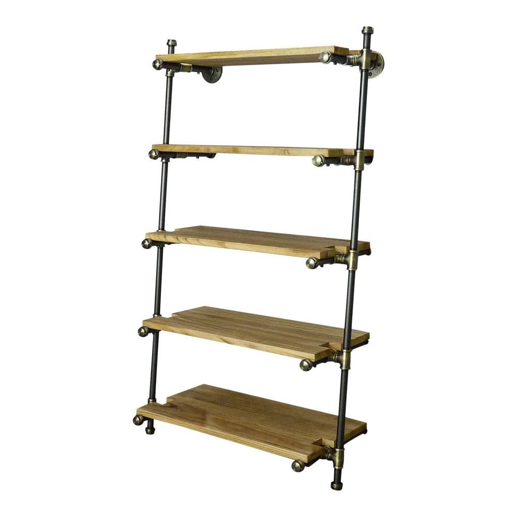 35-Inch Leaning Bookcase Brass Gray Metals with Natural Wood E5037
