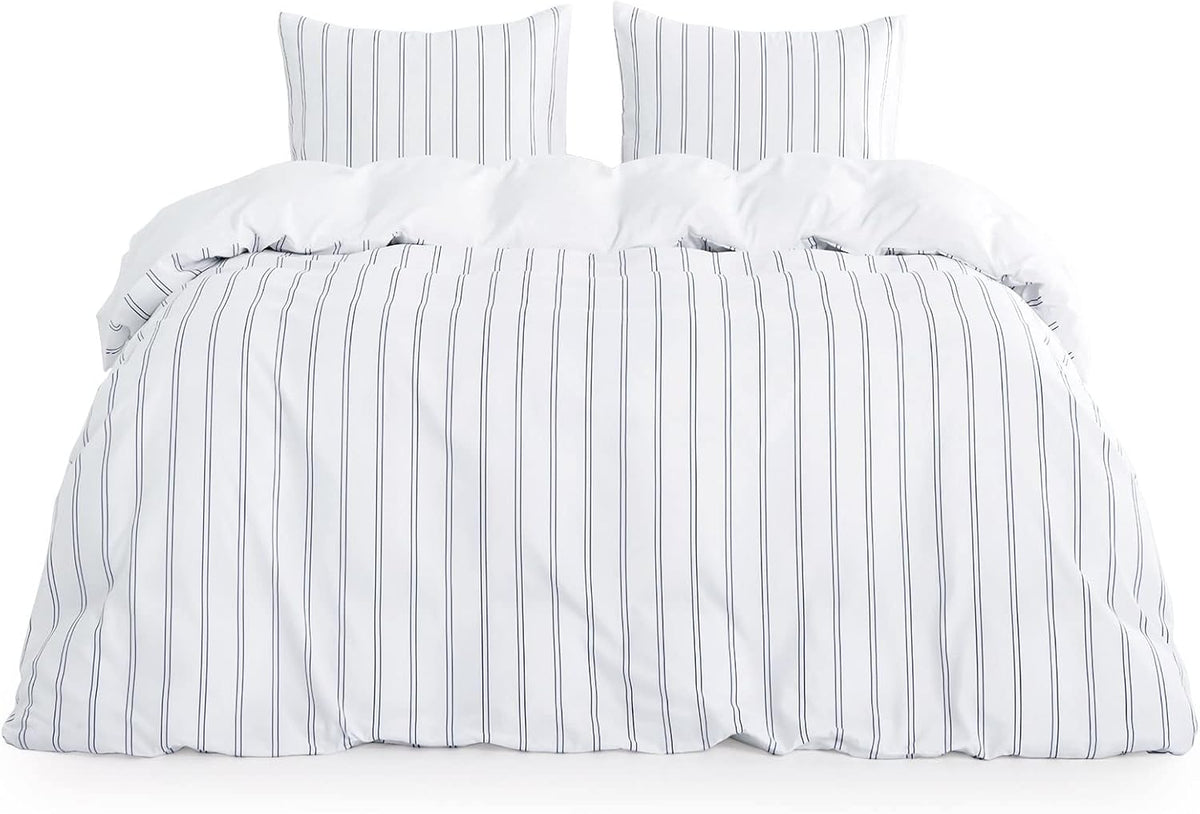 Navy Blue Striped King Size Microfiber Duvet Cover Set 3pcs L22486