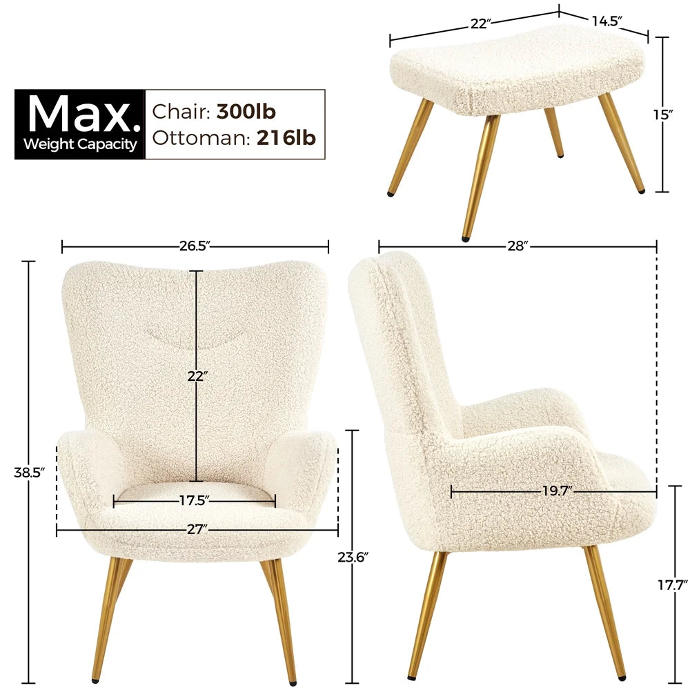 Ivory Boucle Accent Chair and Ottoman Set with Golden Metal Legs I17523