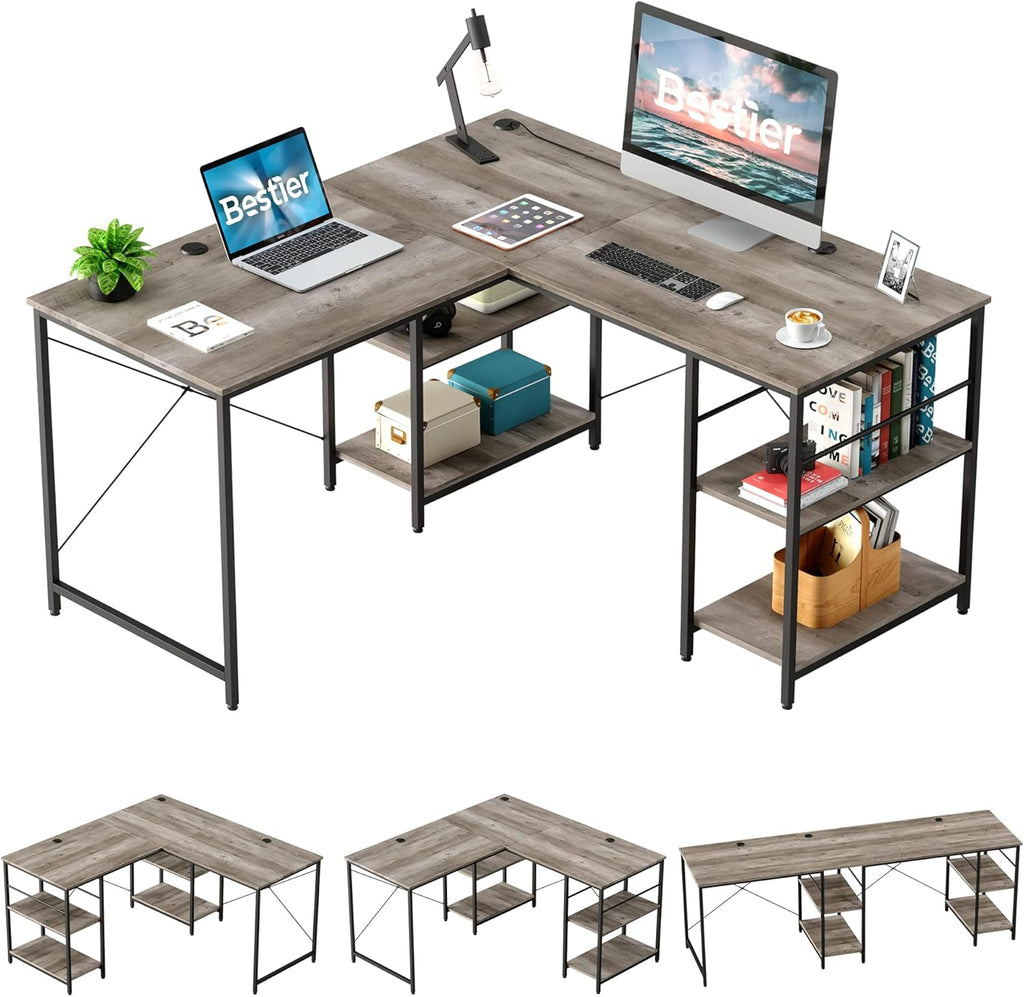 Grey Oak L Shaped Desk with Shelves T26493