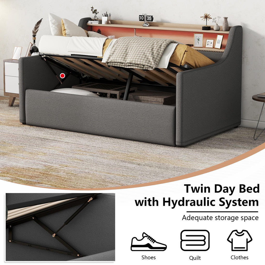 Twin Size Upholstered Sofa Bed Frame with Hydraulic Storage and LED Lights P387842