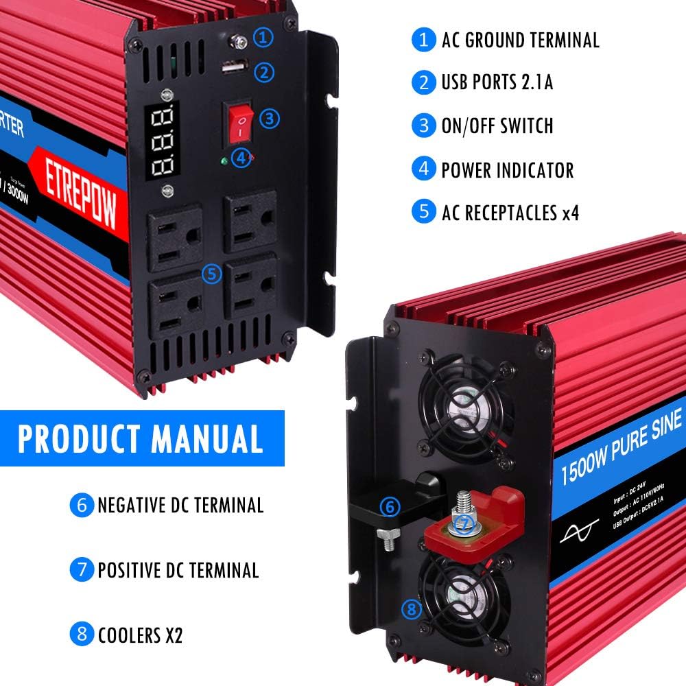 1000 Watt Pure Sine Wave Power Inverter 12V DC to 110V AC B703085