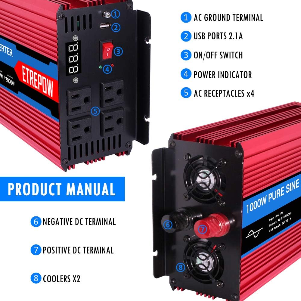 1000 Watt Pure Sine Wave Power Inverter 12V DC to 110V AC B703085