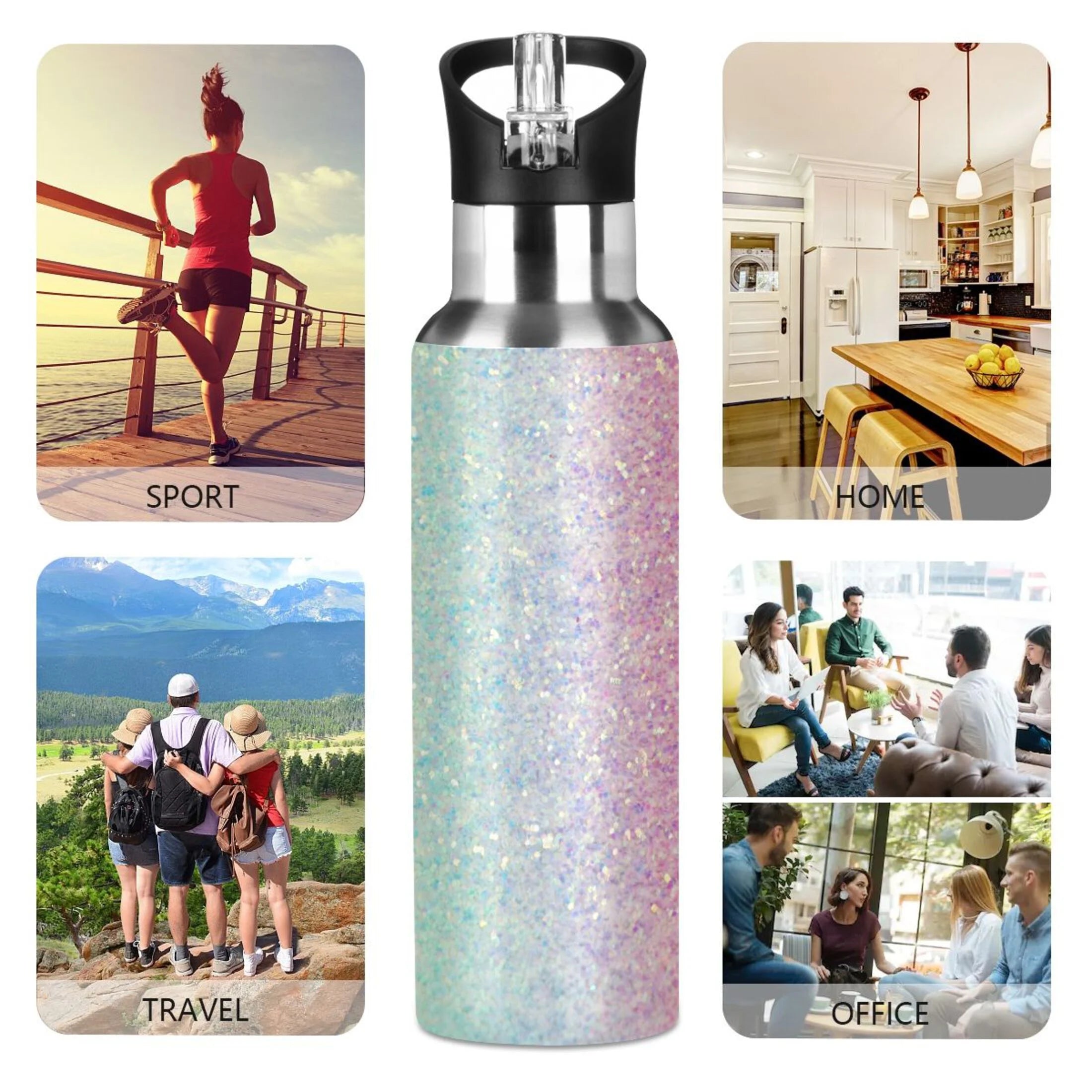 Rainbow Glitter Gradient Stainless Steel Vacuum Insulated Water Bottle with Straw Lid 20 OZ B900007