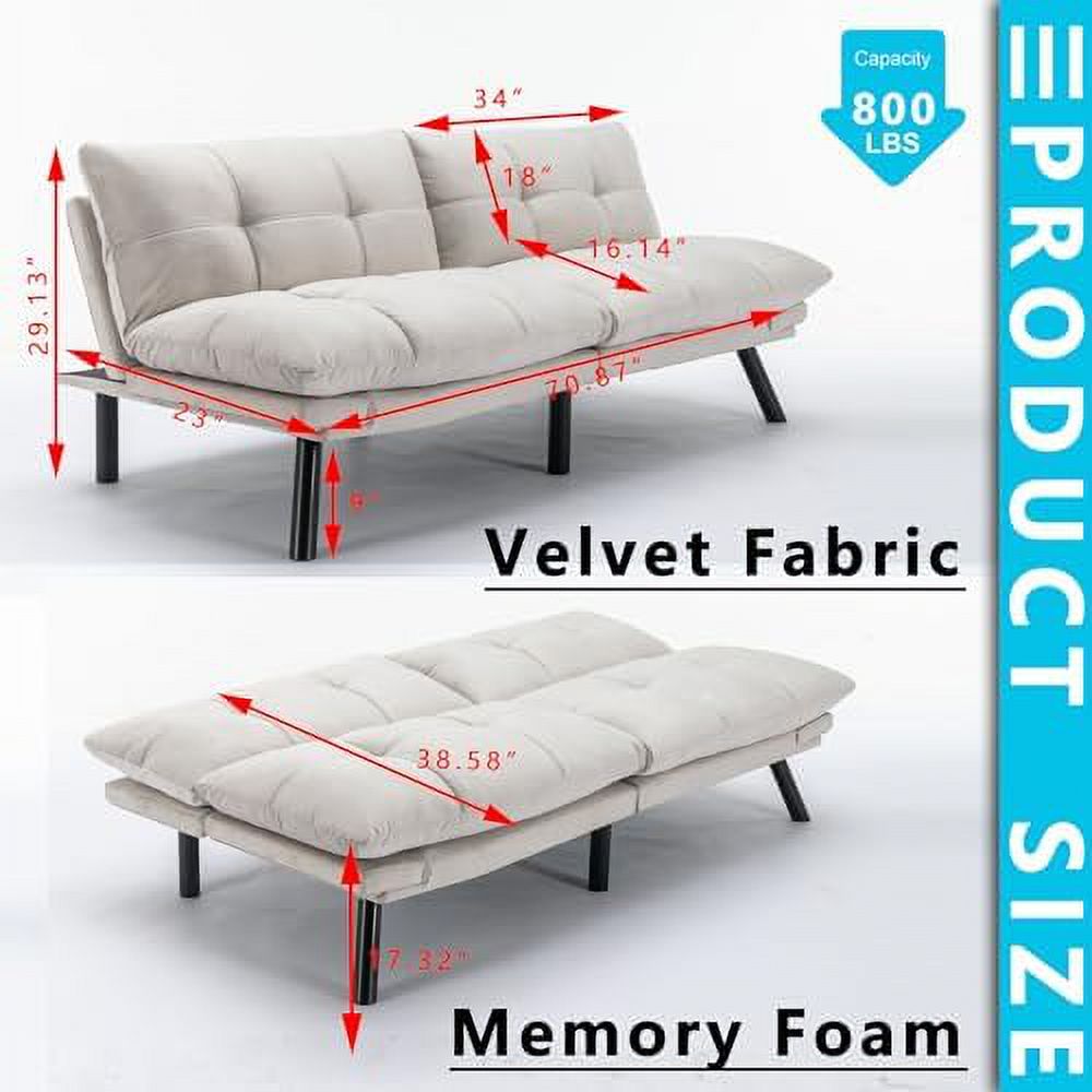 70" Modern Velvet Futon Sleeper Sofa Bed with Adjustable Backrests and Folding Armrest G69604
