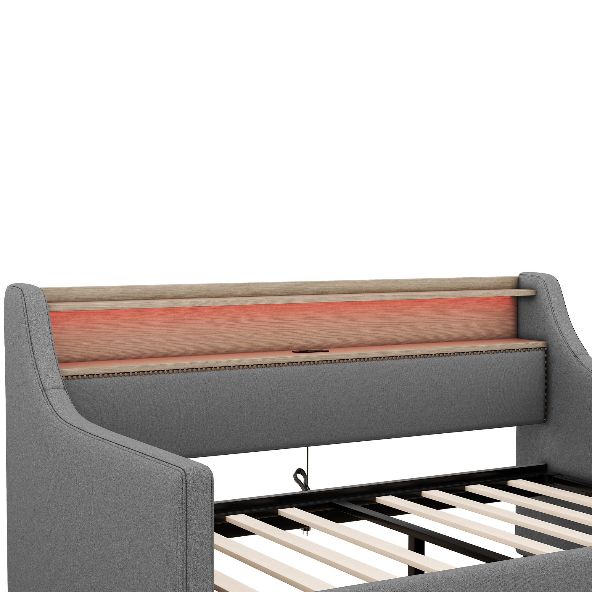 Twin Size Upholstered Sofa Bed Frame with Hydraulic Storage and LED Lights P387842