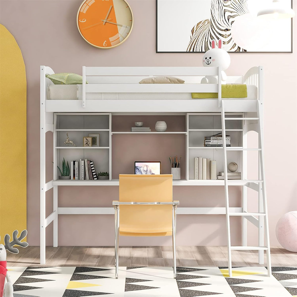 White Twin Wood Loft Bed with Desk and Bookcase Shelves H776928