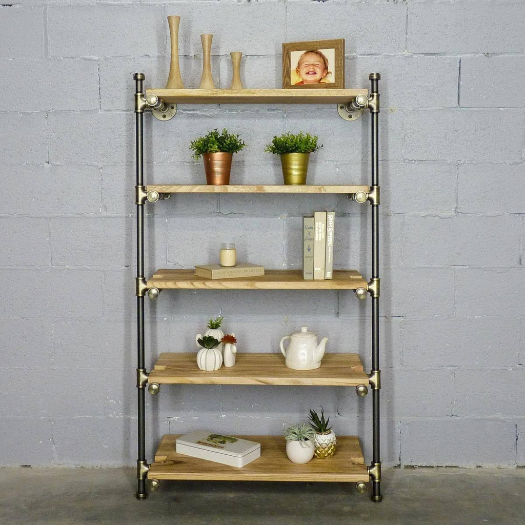 35-Inch Leaning Bookcase Brass Gray Metals with Natural Wood E5037