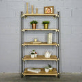 35-Inch Leaning Bookcase Brass Gray Metals with Natural Wood E5037