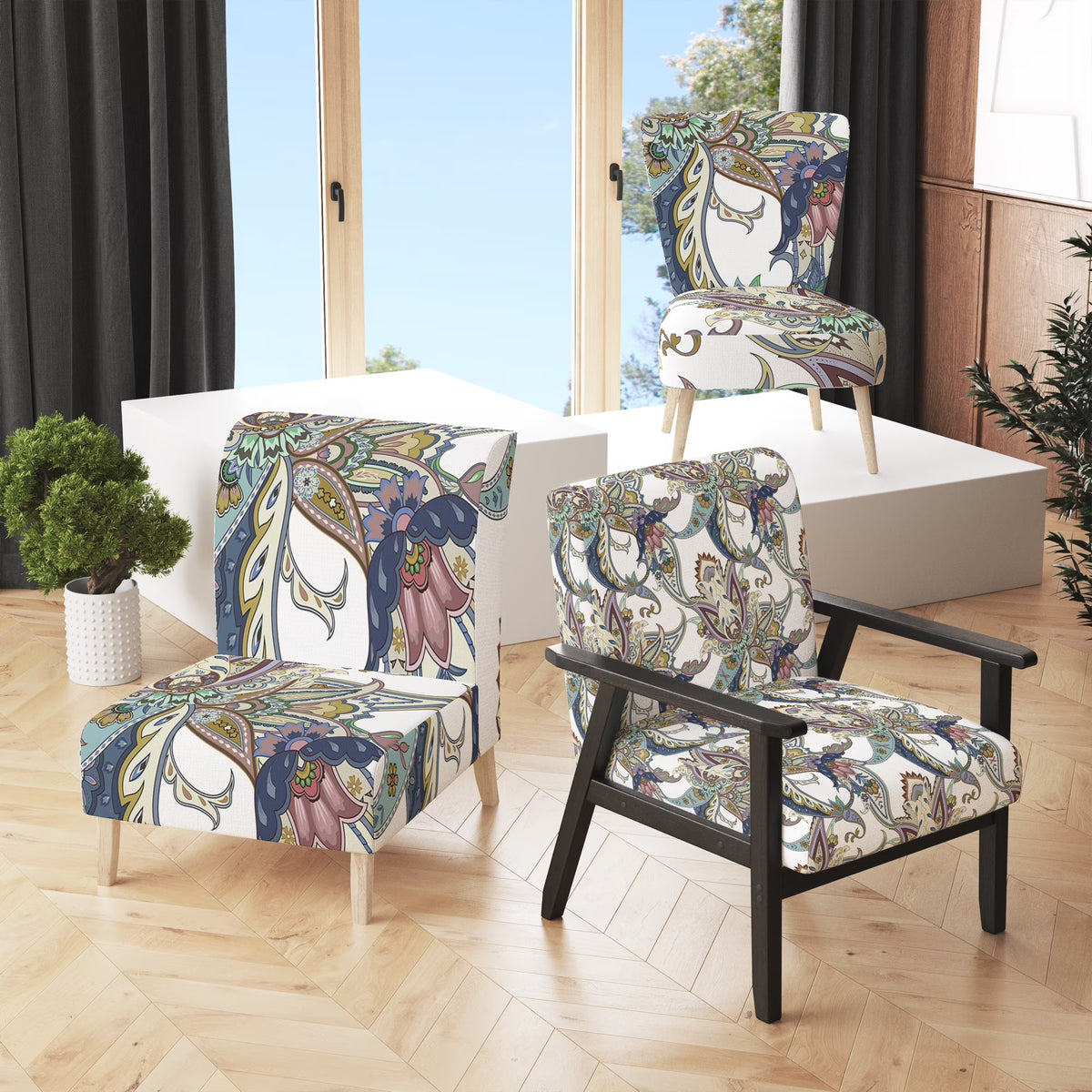 White Floral Paisley Upholstered Accent Chair N4126