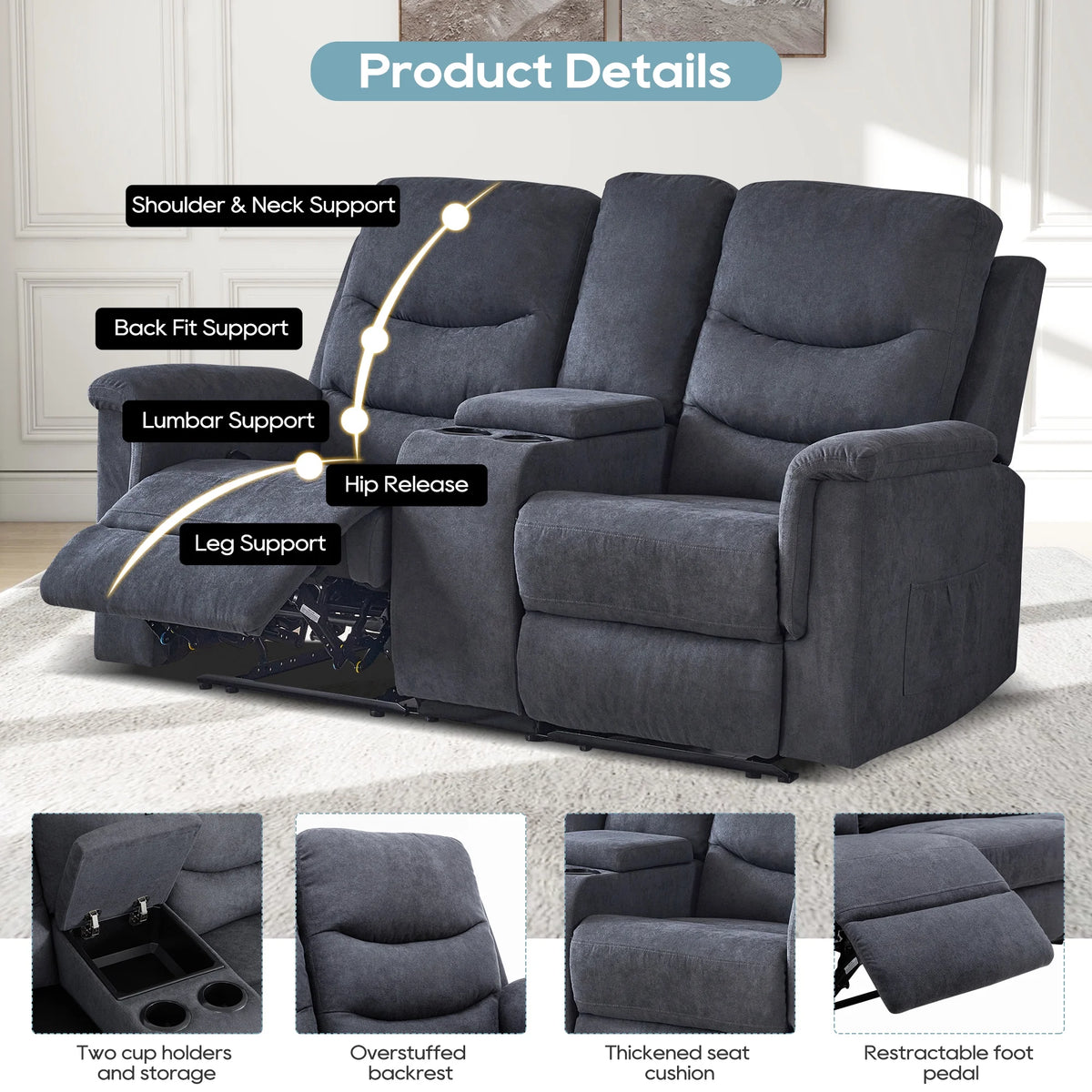 Grey Double Recliner Loveseat with Console and Cup Holder K889649